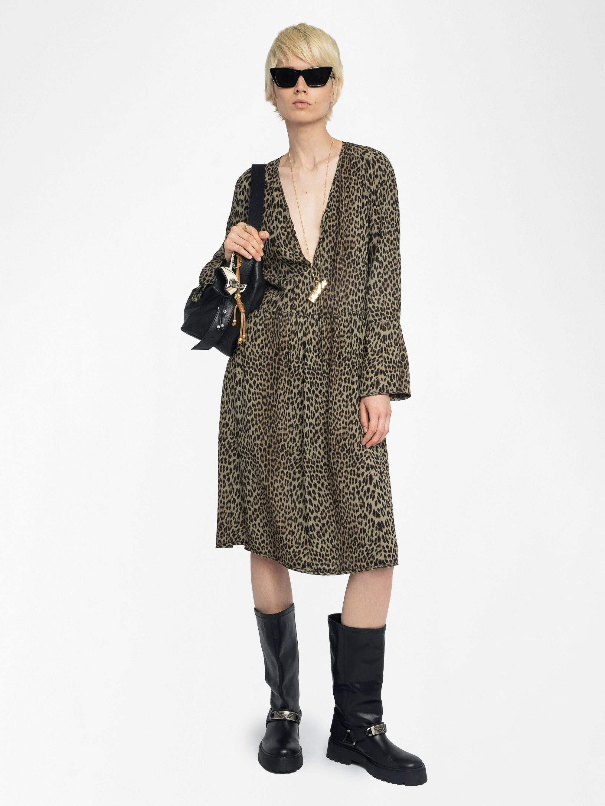 Rinas Dress - Mid-length printed viscose dress, long sleeves, laced neckline.